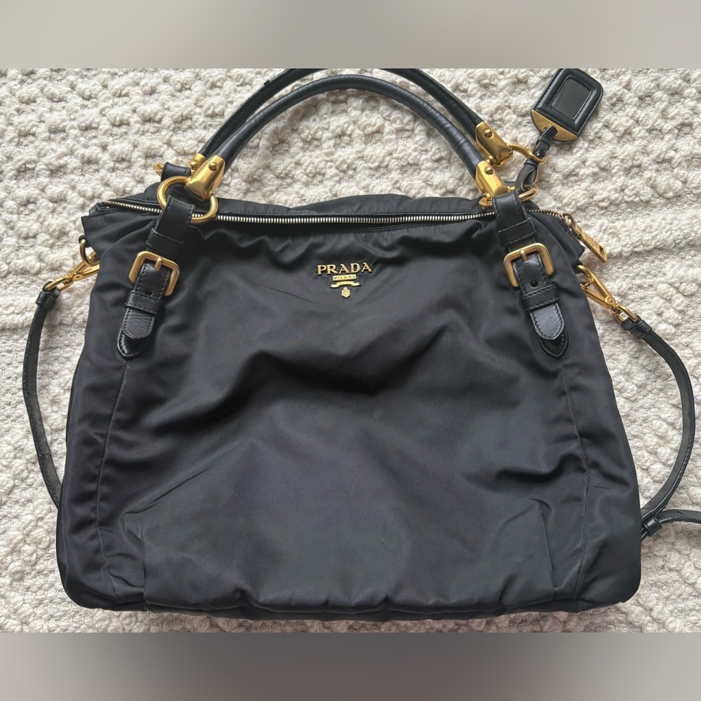 Prada Black and Gold Nylon Shoulder Bag